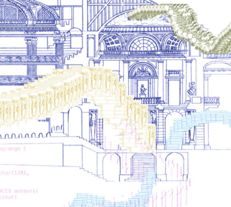 dessin technique et stylisé d'une façade d'un bâtiment ancien