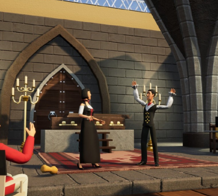 Vue d'une tournage de cinéma dans un château stytlisé façon jeu vidéo