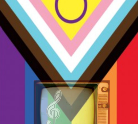 Image aux couleurs du drapeau LGBTQIA+ avec triangle à l'envers pointant vers un téléviseur cathodique 