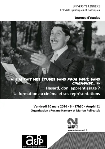 Affiche reprenant un portrait de Fernandel extrait d'un film en noir et blanc avec rappel du titre de la JE, des horaires et du lieu de l'organisation 