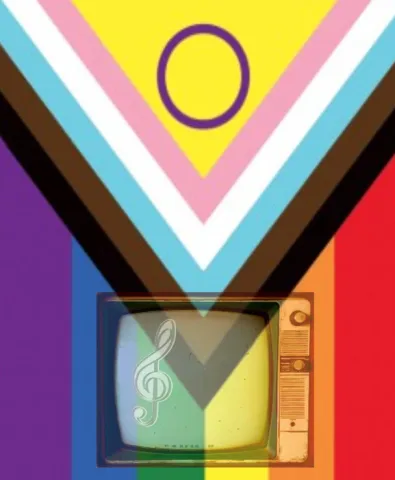 Image aux couleurs du drapeau LGBTQIA+ avec triangle à l'envers pointant vers un téléviseur cathodique 