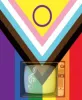 Image aux couleurs du drapeau LGBTQIA+ avec triangle à l'envers pointant vers un téléviseur cathodique 